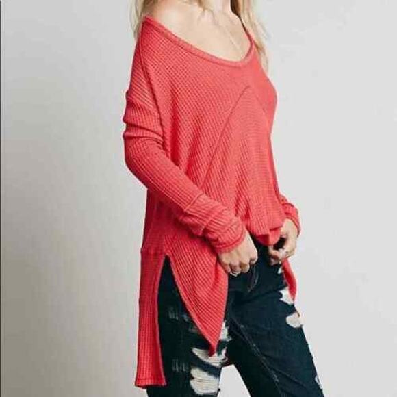 Free People Small S Red Pink Sunset Park Drippy Thermal Waffle Knit Tunic Top - Picture 13 of 14